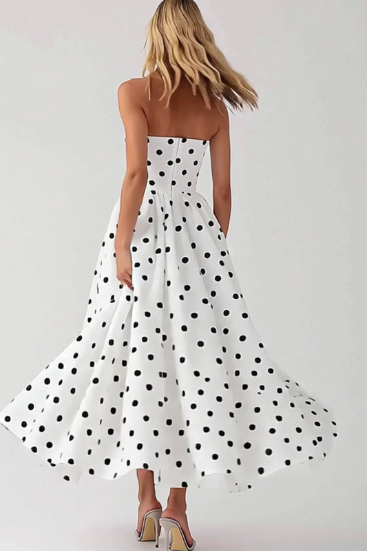 Black and White Satin Strapless Empire Boho Maxi Polka Dot Dress