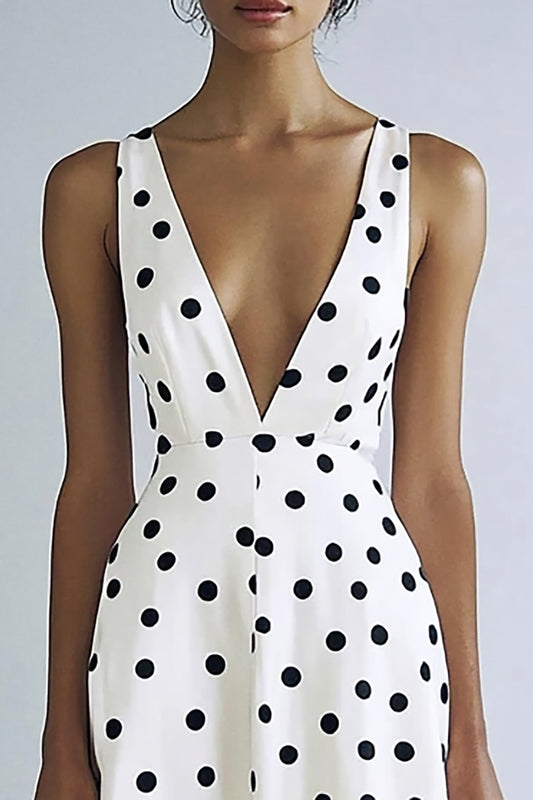 Satin Black and White Deep V-Neck A Line Boho Maxi Polka Dot Dress