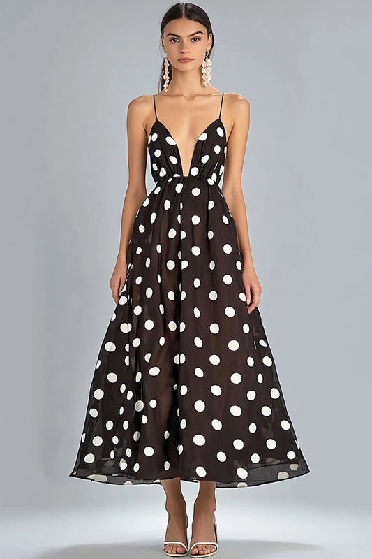 Coffee and White Chiffon Spaghetti Straps A Line Boho Maxi Polka Dot Dress