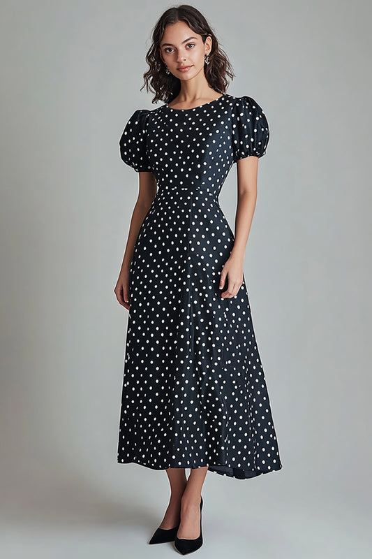 Boho Black and White Satin Puff Sleeves A Line Maxi Polka Dot Dress