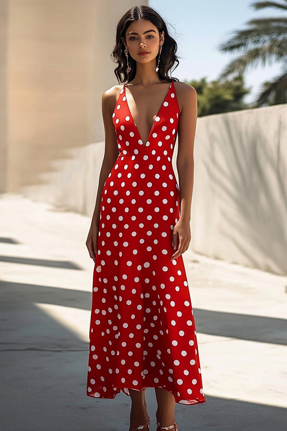 Zapaka Women Red White Satin Maxi Polka Dots Dress Spaghetti Straps Deep V-Neck A Line Vintage Summer Dress, Red White Dot / AU6 Zapaka Women Red White Satin Maxi Polka Dots Dress Spaghetti Straps Deep V-Neck A Line Vintage Summer Dress, Red White Dot / AU6