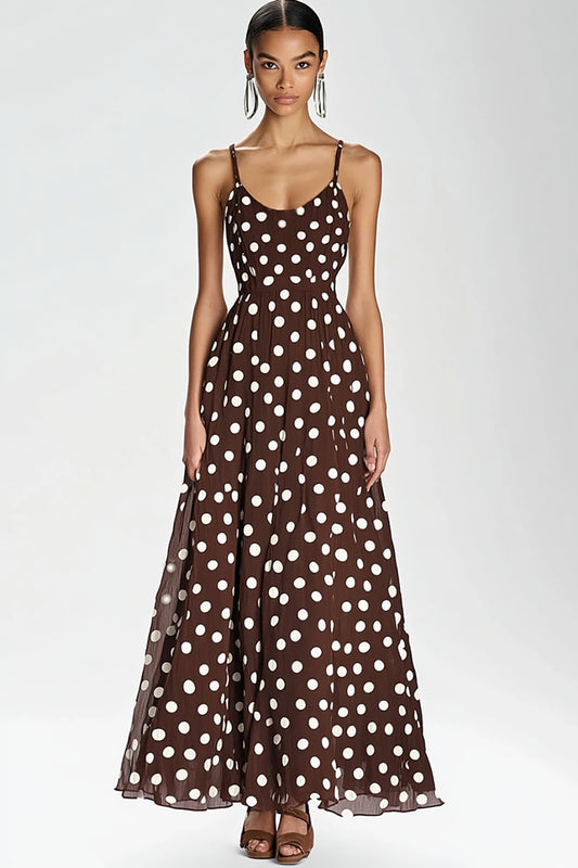 Coffee and White Spaghetti Straps A Line Boho Maxi Chiffon Polka Dot Dress