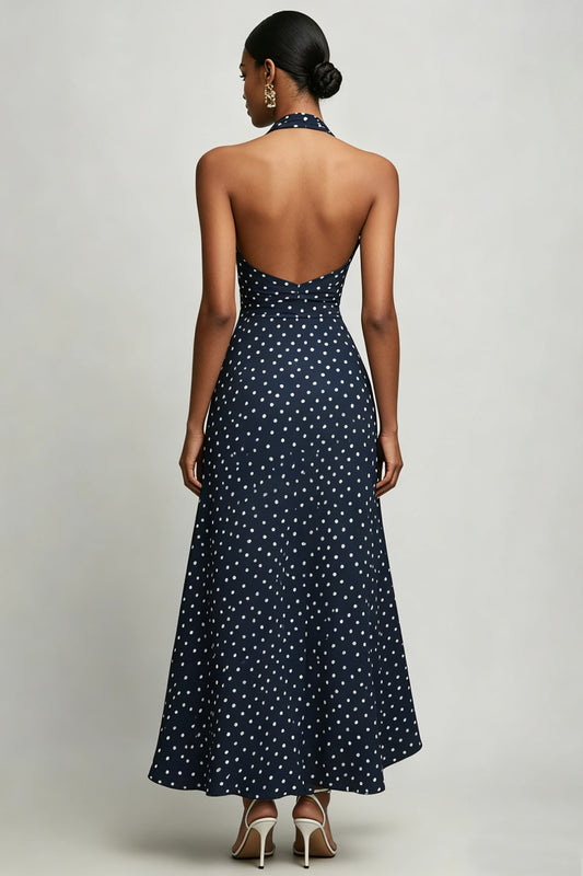 Navy and White Chiffon Halter A Line Boho Maxi Polka Dot Dress with Slit