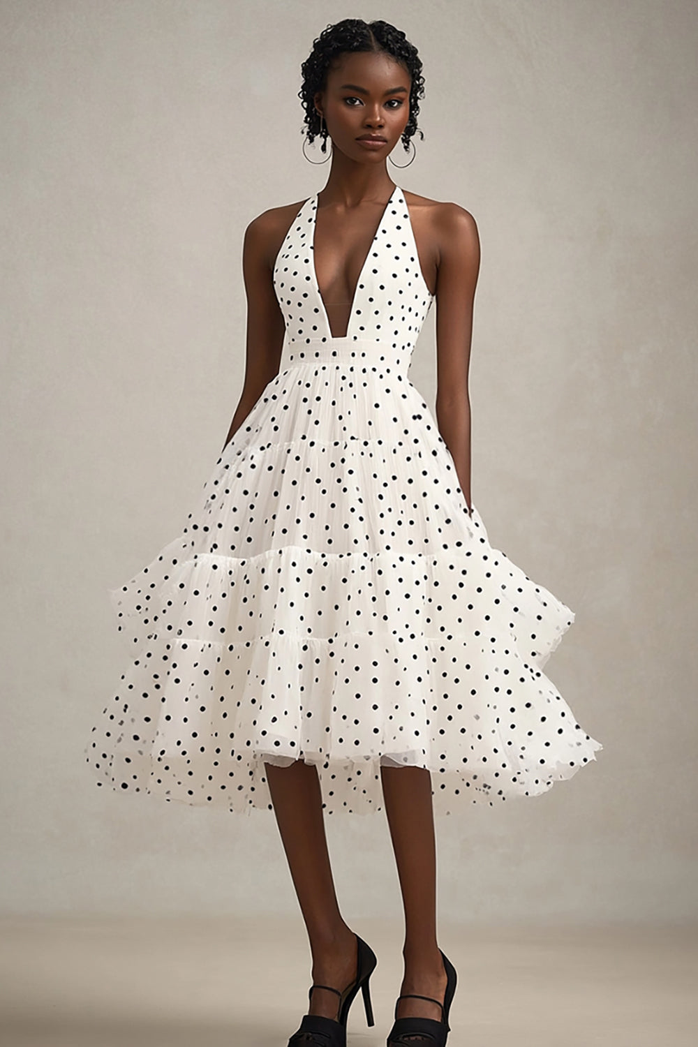 Tiered Black and White A Line Midi Tulle Polka Dot Dress with Ruffles Tiered Black and White A Line Midi Tulle Polka Dot Dress with Ruffles