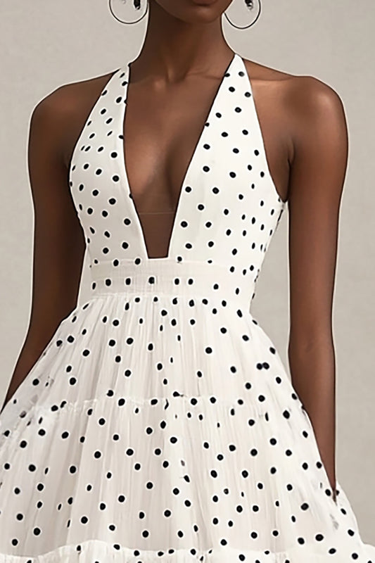 Tiered Black and White A Line Midi Tulle Polka Dot Dress with Ruffles