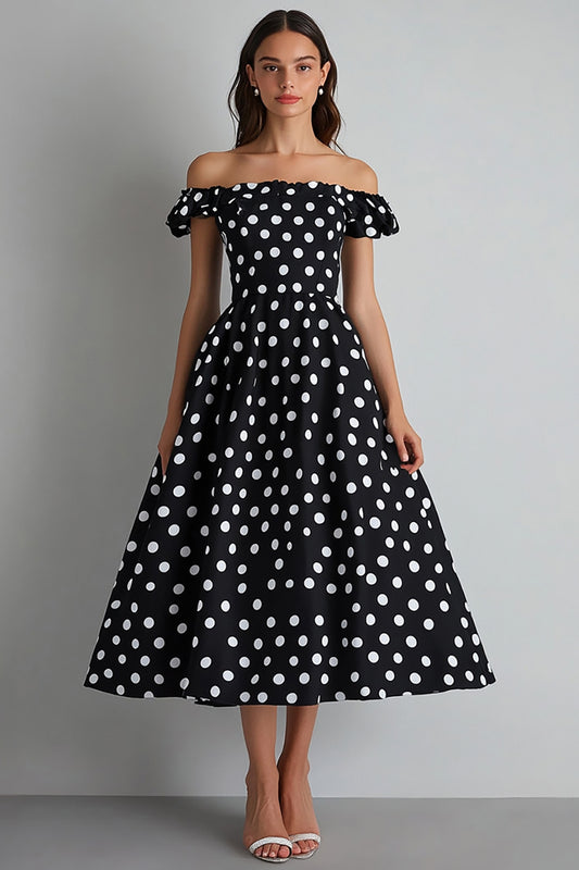 Off the Shoulder A Line Black and White Maxi Satin Polka Dot Dress
