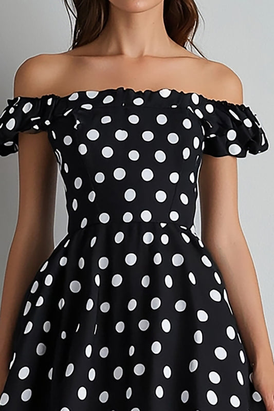 Off the Shoulder A Line Black and White Maxi Satin Polka Dot Dress