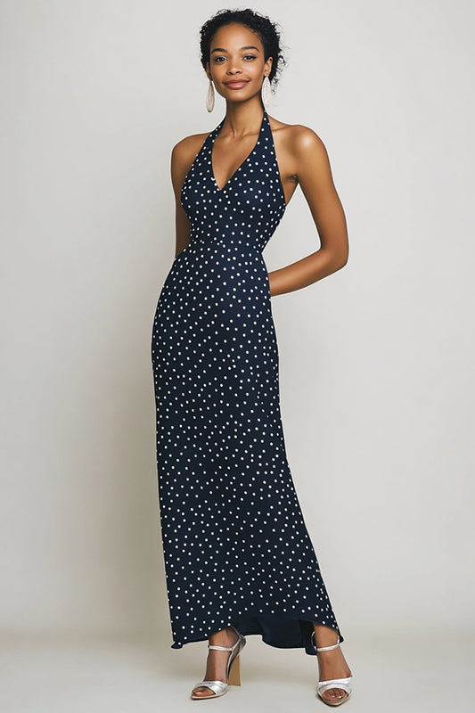 Halter Navy and White Sheath Boho Maxi Chiffon Polka Dot Dress