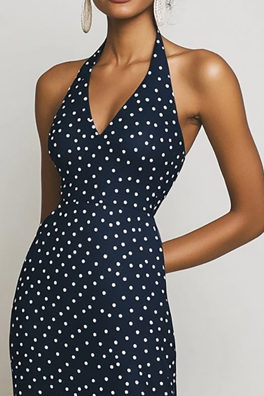 Halter Navy and White Sheath Boho Maxi Chiffon Polka Dot Dress