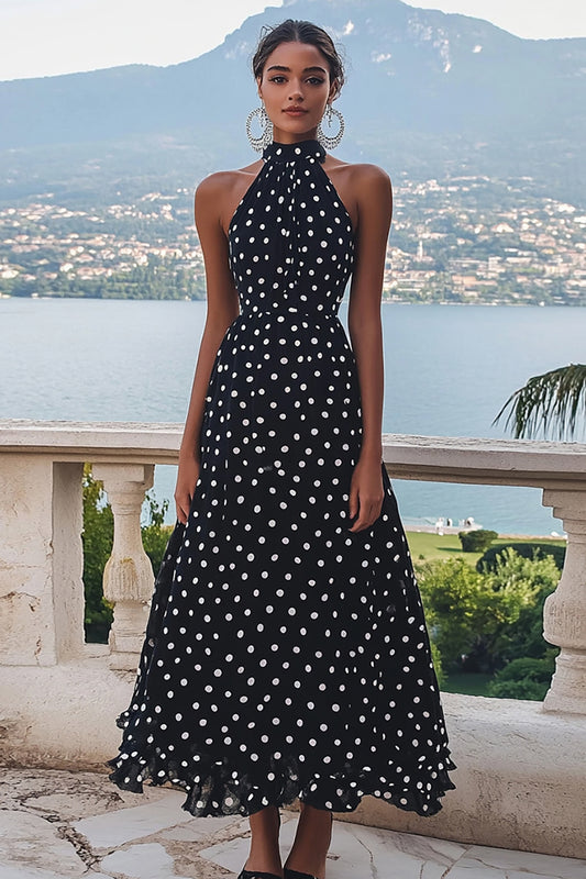 High Neck Chiffon Black and White A Line Boho Maxi Polka Dot Dress