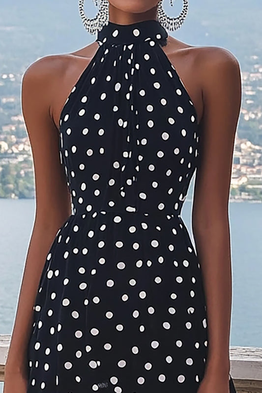 High Neck Chiffon Black and White A Line Boho Maxi Polka Dot Dress