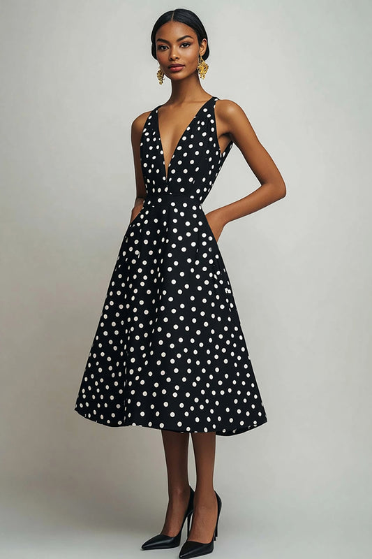Satin Black and White A Line Boho Midi Polka Dot Dress