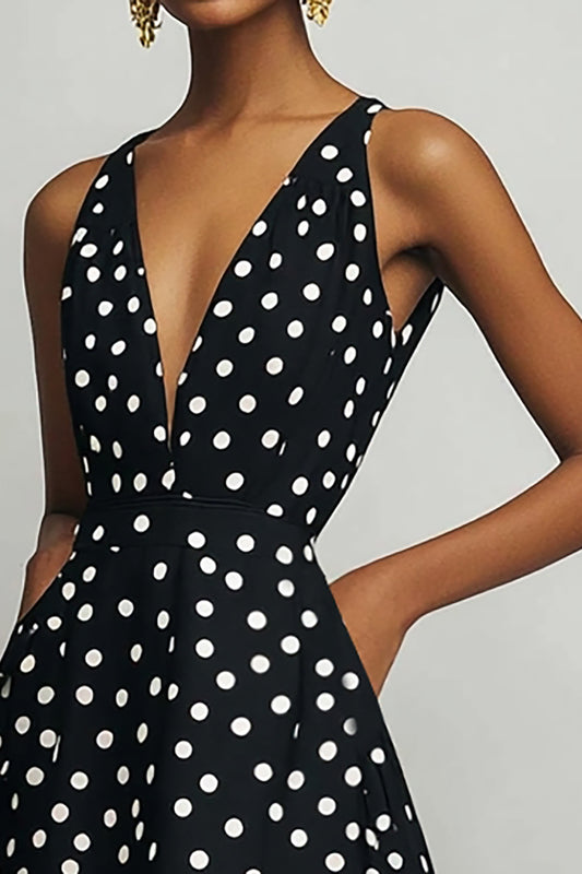 Satin Black and White A Line Boho Midi Polka Dot Dress