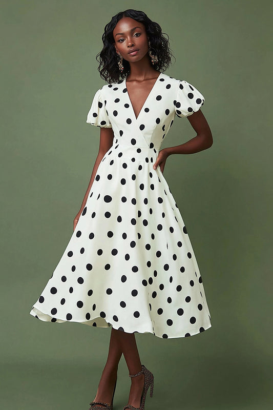 Satin V-Neck Boho Black and White Puff Sleeves Maxi Polka Dot Dress