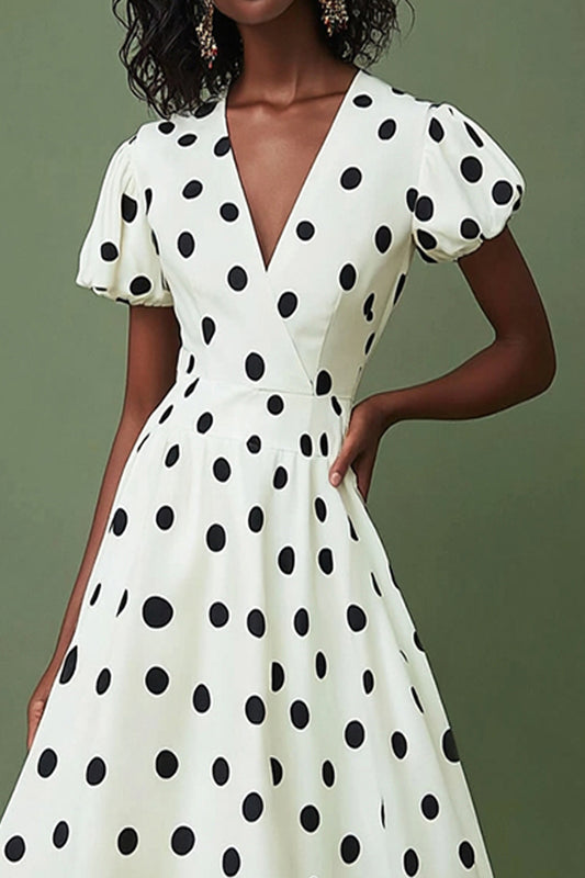 Satin V-Neck Boho Black and White Puff Sleeves Maxi Polka Dot Dress