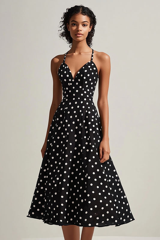 A Line Black and White Boho Chiffon Spaghetti Straps Midi Polka Dot Dress