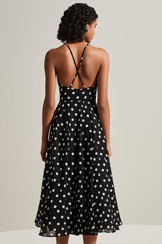 A Line Black and White Boho Chiffon Spaghetti Straps Midi Polka Dot Dress
