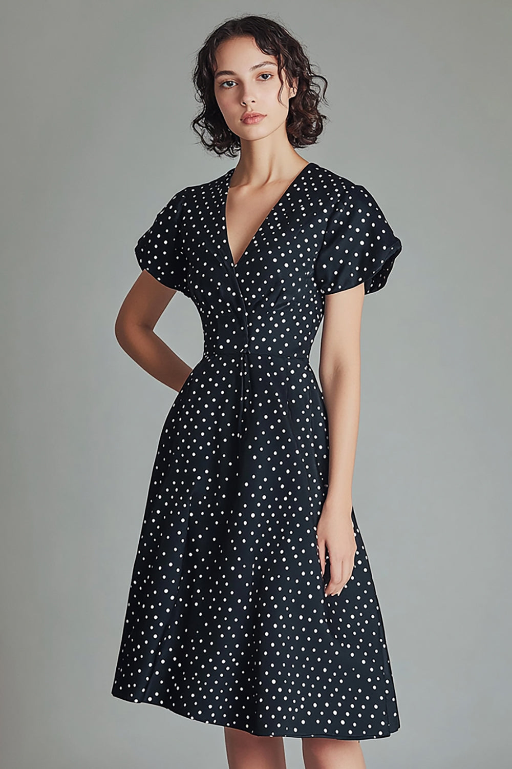 Zapakasa Women Black and White Satin Short Polka Dot Dress with Sleeves