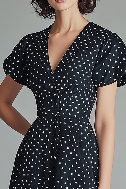 A Line Black and White Satin Short Polka Dot Dress with Sleeves