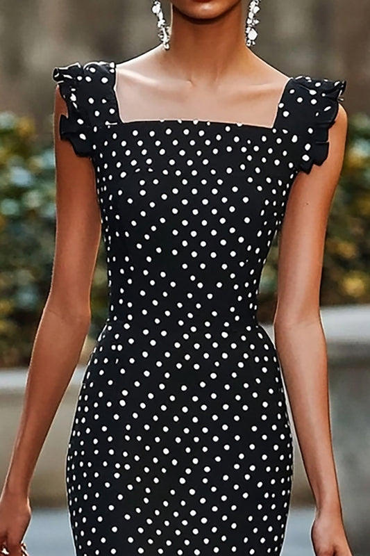 Chiffon Mermaid Boho Black and White Maxi Polka Dot Dress with Ruffles