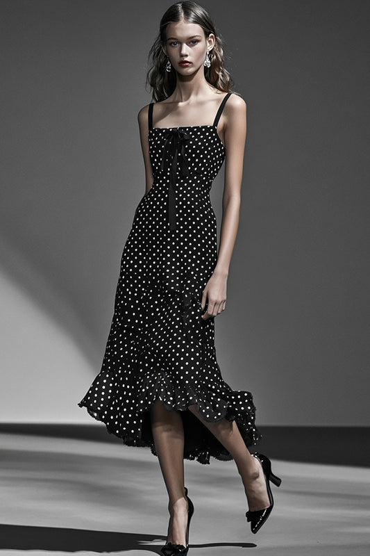 Boho A Line Black and White Maxi Chiffon Polka Dot Dress with Ruffles