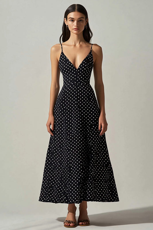 Boho Black and White A Line Spaghetti Straps Maxi Chiffon Polka Dot Dress