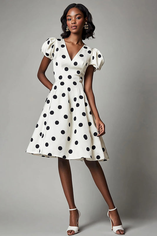 V-Neck Puff Sleeves Black and White Boho Short Satin Polka Dot Dress