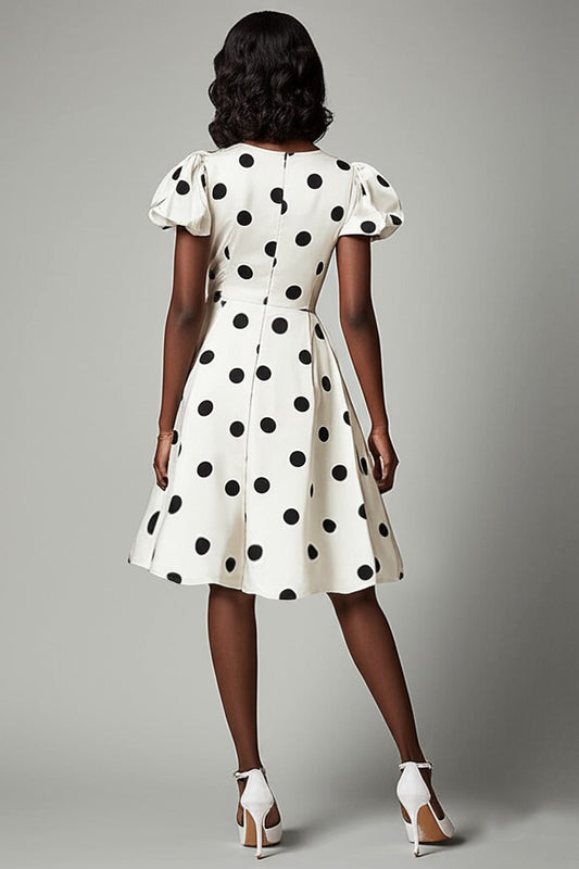 V-Neck Puff Sleeves Black and White Boho Short Satin Polka Dot Dress