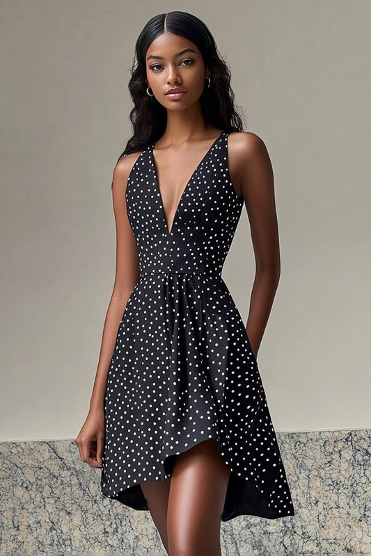 Deep V-Neck Chiffon A Line Black and White Short Polka Dot Dress