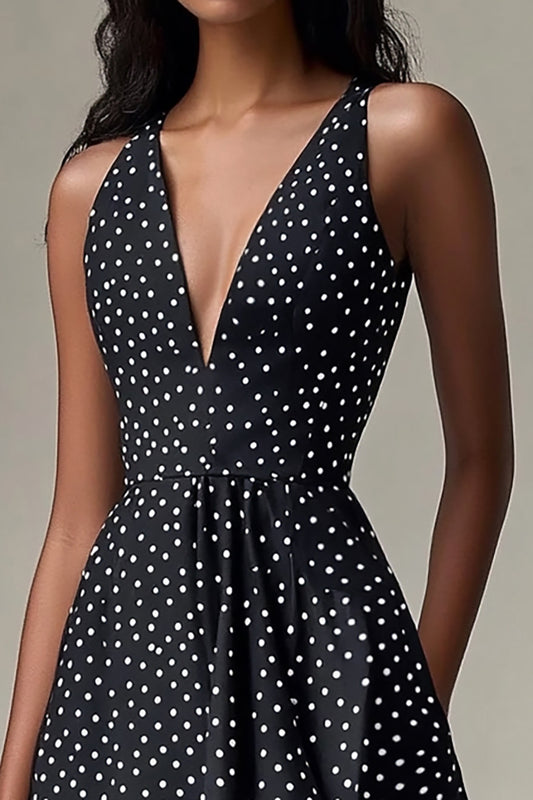Deep V-Neck Chiffon A Line Black and White Short Polka Dot Dress