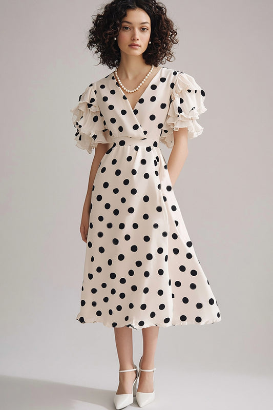 Black and White Chiffon V-Neck A Line Maxi Boho Polka Dot Dress with Ruffles