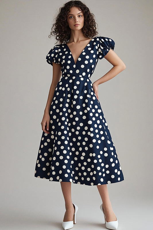 Satin Navy and White V-Neck A Line Maxi Polka Dot Dress with Sleeves
