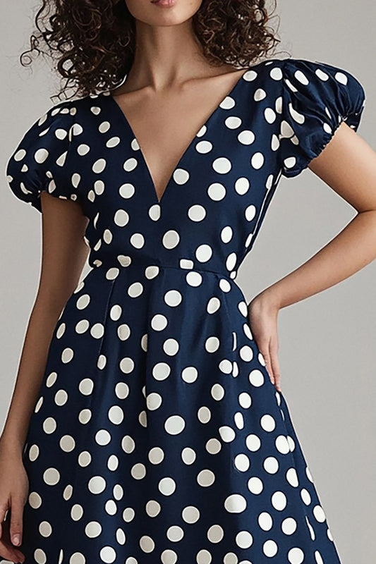 Satin Navy and White V-Neck A Line Maxi Polka Dot Dress with Sleeves