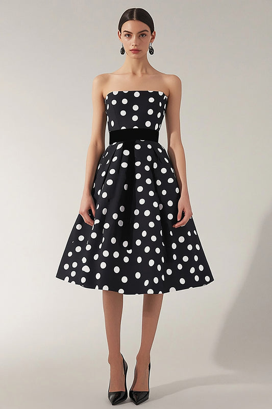 Strapless A Line Black and White Satin Midi Polka Dot Dress