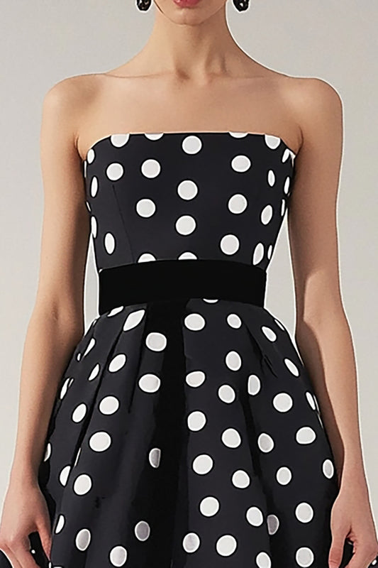 Strapless A Line Black and White Satin Midi Polka Dot Dress