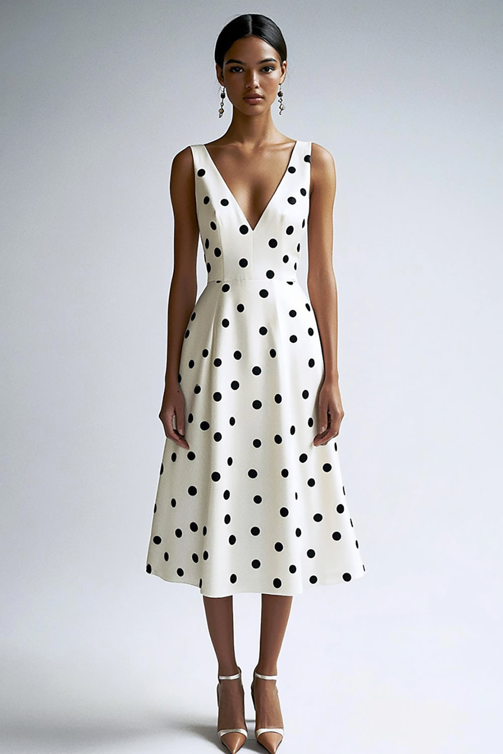 Zapakasa Women Black and White Satin Midi Polka Dot Dress A Line V-Neck