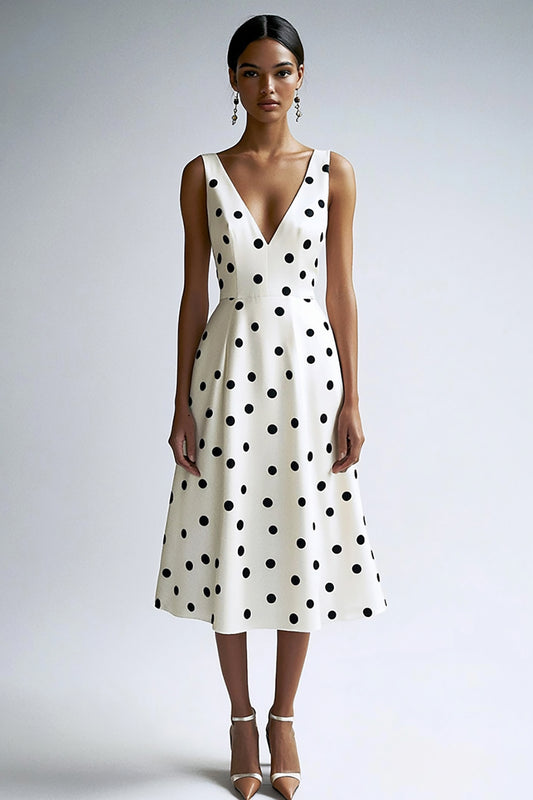 Satin Black and White V-Neck A Line Midi Polka Dot Dress