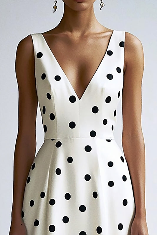 Satin Black and White V-Neck A Line Midi Polka Dot Dress