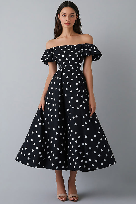 Off the Shoulder Black and White Maxi Satin A Line Polka Dot Dress