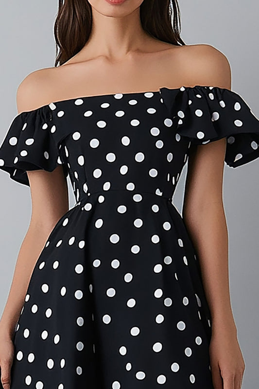 Off the Shoulder Black and White Maxi Satin A Line Polka Dot Dress