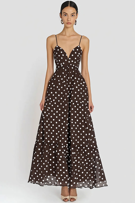 Chiffon Coffee and White Spaghetti Straps A Line Boho Maxi Polka Dot Dress