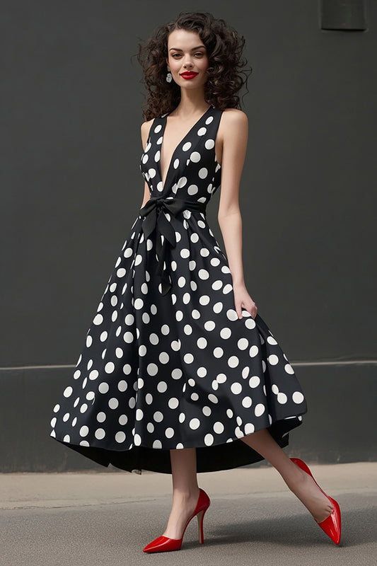 Deep V-Neck Black and White Satin Maxi A Line Polka Dot Dress with Bow