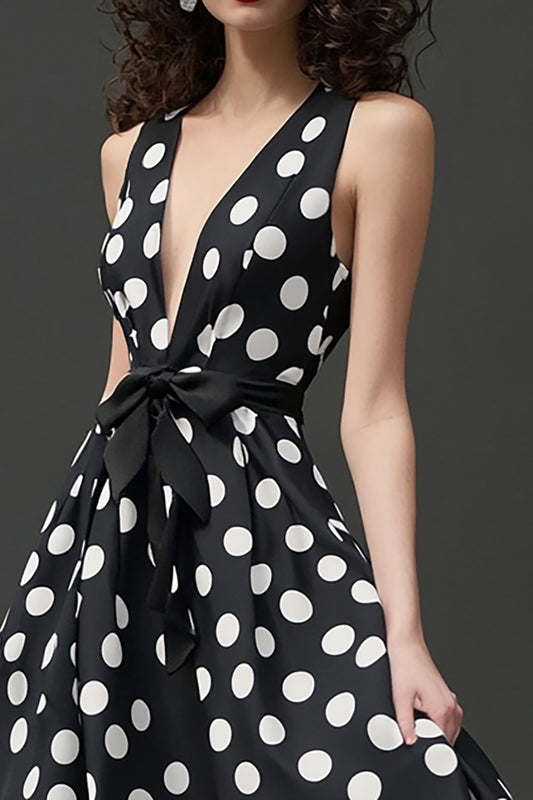 Deep V-Neck Black and White Satin Maxi A Line Polka Dot Dress with Bow