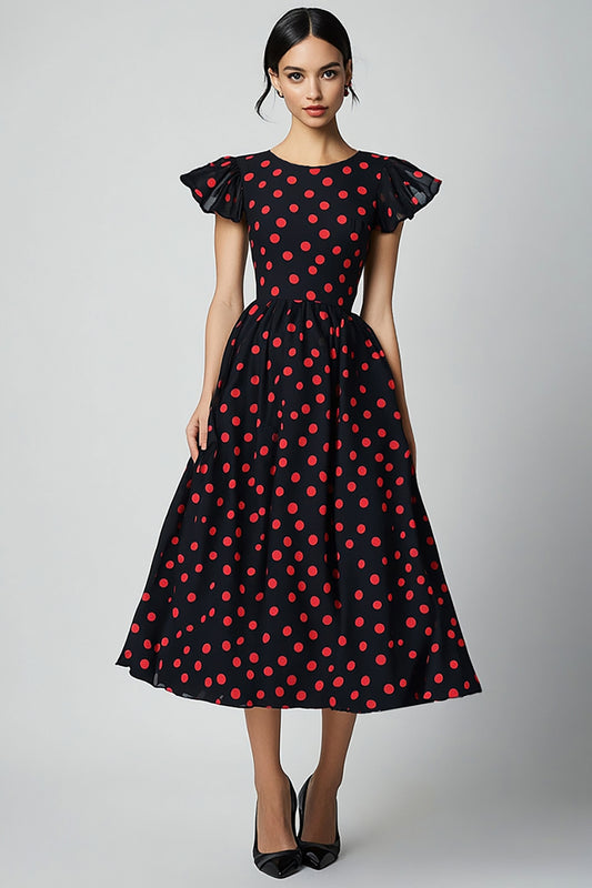Black and Red Satin A Line Cap Sleeves Maxi Polka Dot Dress with Ruffles