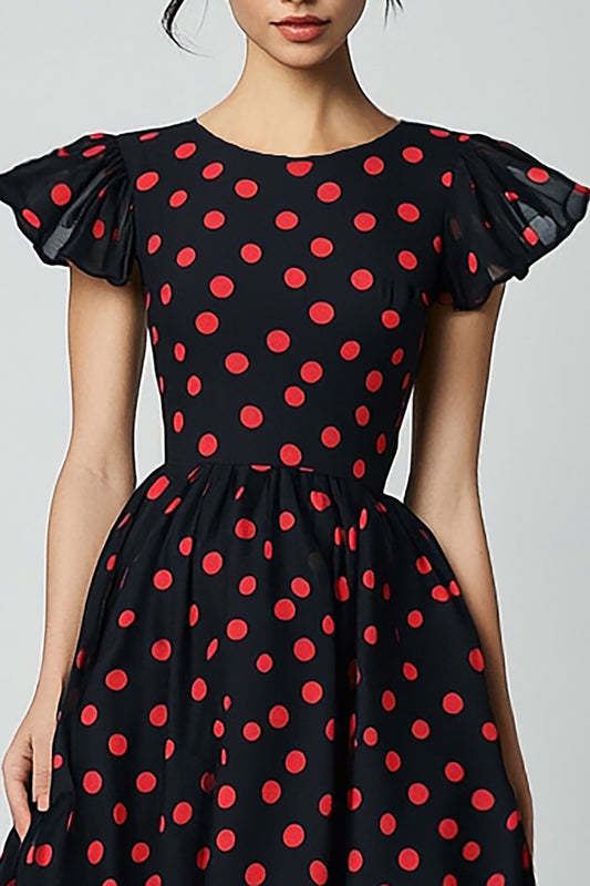 Black and Red Satin A Line Cap Sleeves Maxi Polka Dot Dress with Ruffles