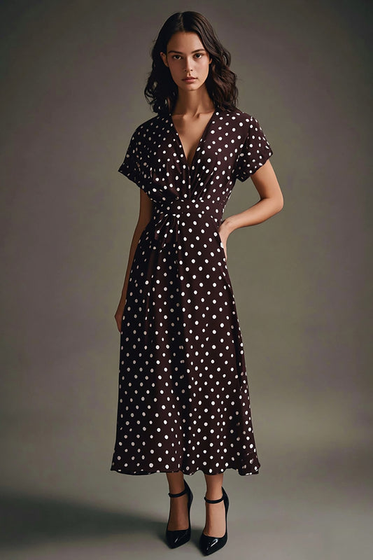 Boho Coffee and White V-Neck Maxi Chiffon Boho Polka Dot Dress with Sleeves