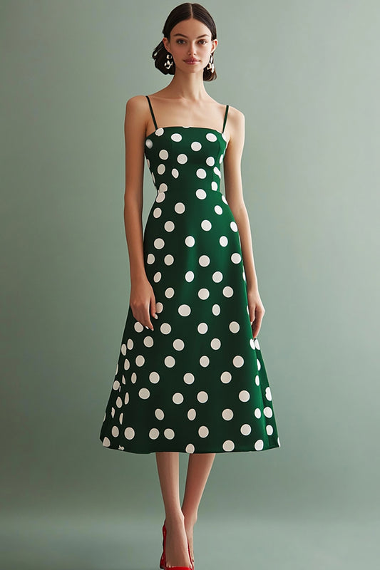 Chiffon Green and White Spaghetti Straps Boho A Line Midi Polka Dot Dress