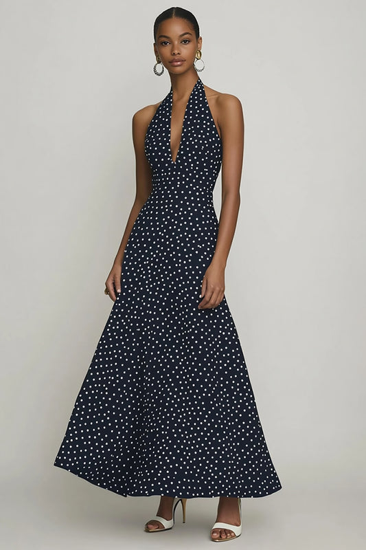 Halter Black and White Maxi Boho Chiffon A Line Polka Dot Dress