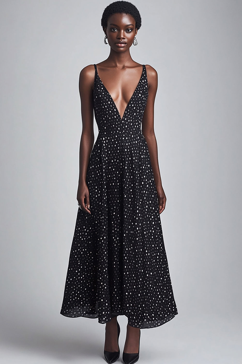 Zapakasa Women Black and White Chiffon Boho Maxi Polka Dot Dress A Line Deep V-Neck Summer Dress Zapakasa Women Black and White Chiffon Boho Maxi Polka Dot Dress A Line Deep V-Neck Summer Dress