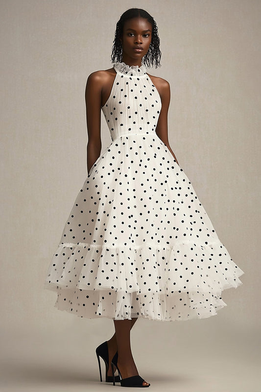 Tulle White and Black High Neck Tiered Maxi Polka Dot Dress with Ruffles